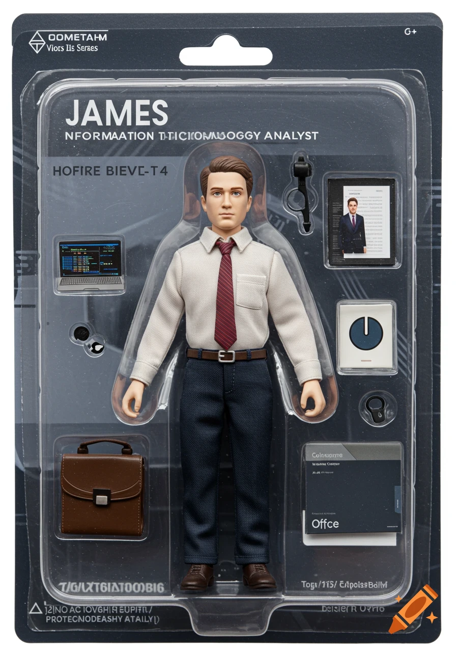 An action figure toy named James in transparent blister packaging with office accessories like a laptop and brief case.
