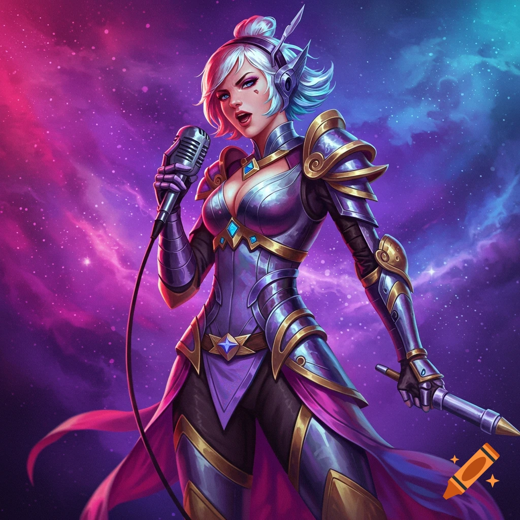 A stylized image of a woman in purple and gold battle armor singing into a microphone in space.