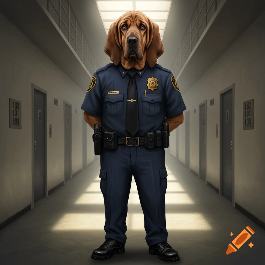 A bloodhound dog wearing a police uniform and standing in a hallway.