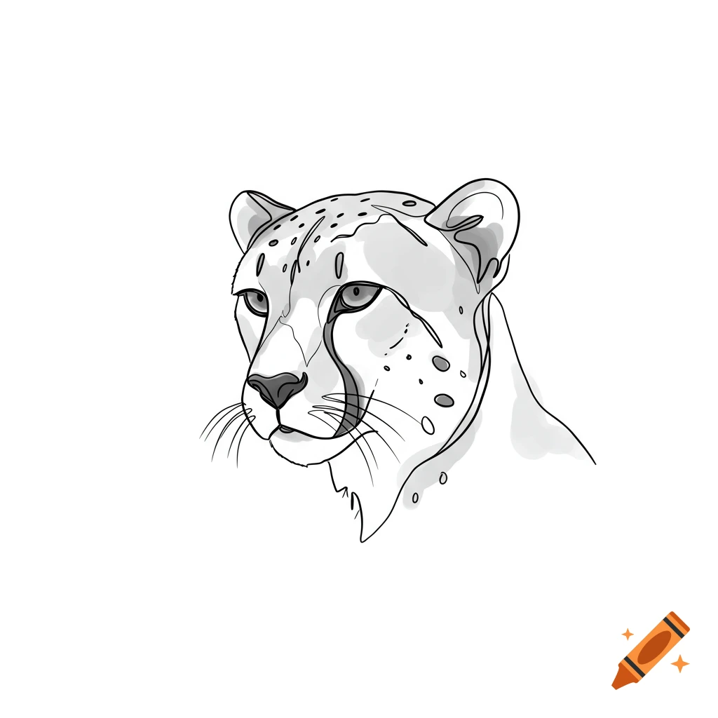 Minimalist black and white line drawing of a cheetah head.