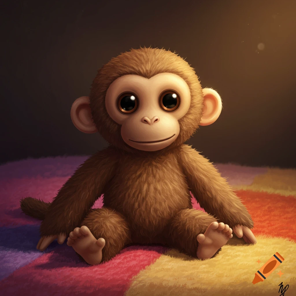 A stuffed animal monkey with big eyes sits on a colorful blanket.