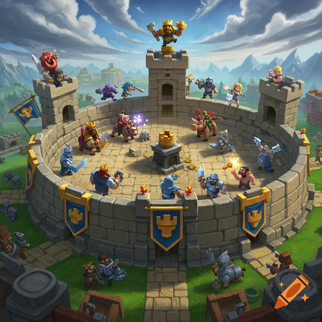 Clash Royale characters battling in a castle courtyard.
