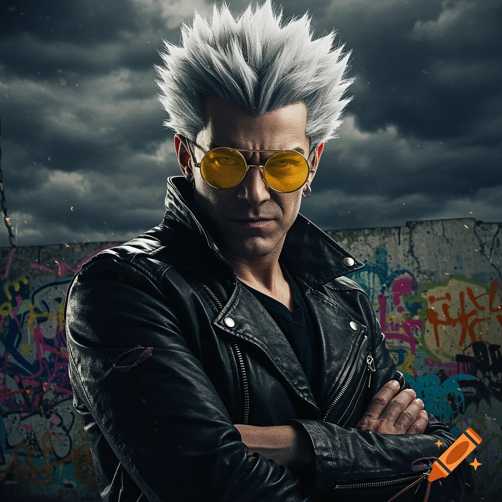 Photorealistic portrait of a man with spiky white hair, yellow sunglasses, and a leather jacket, arms crossed, against a graffiti wall.