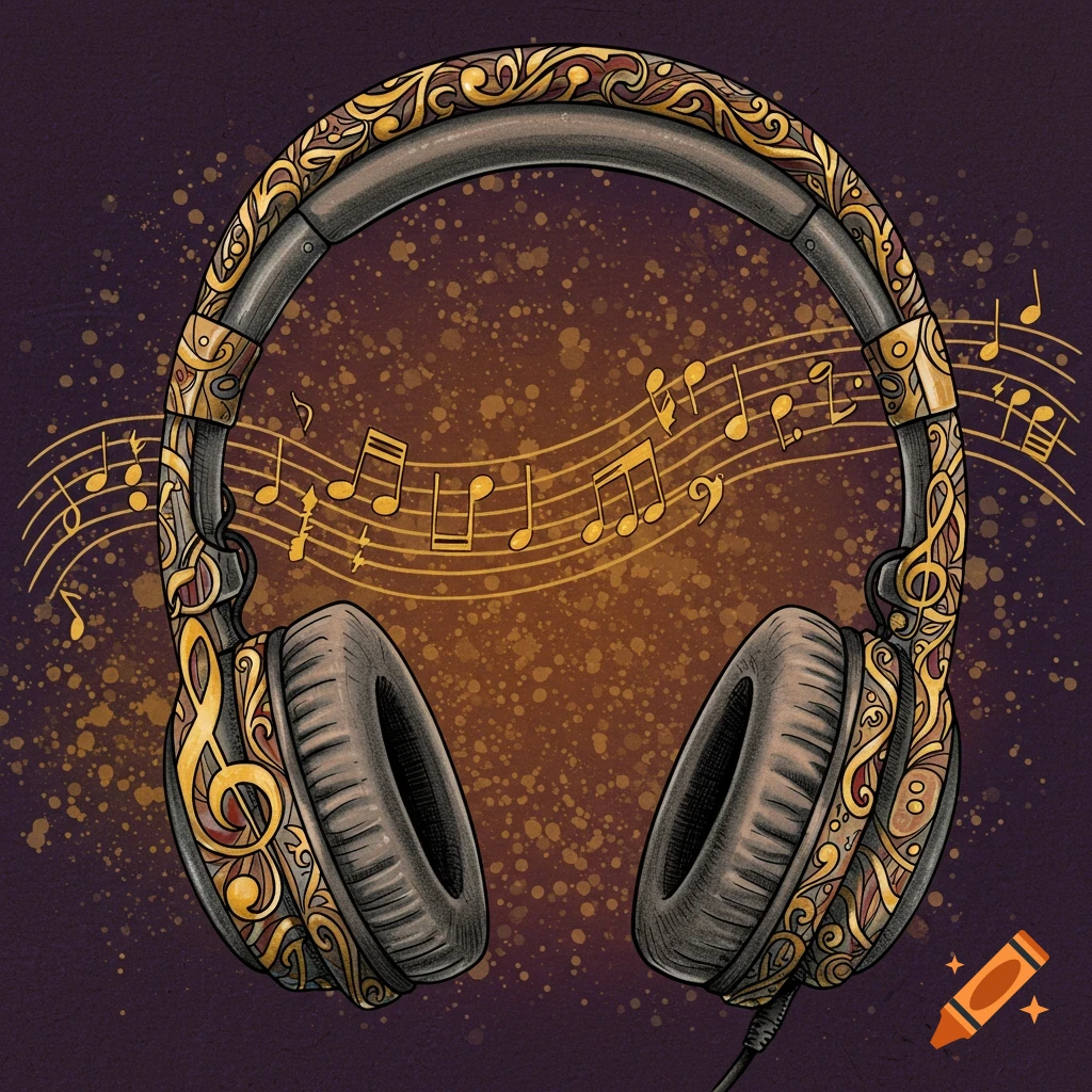 Illustration of ornate gold decorated headphones surrounded by musical notes on a dark background