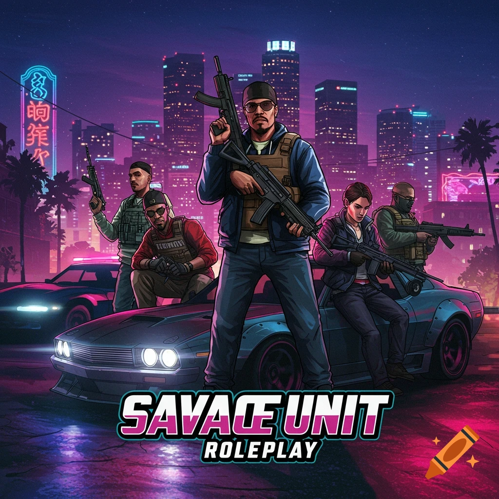 GTA 5 FiveM roleplay streamer banner for Savage Unit Roleplay on Craiyon