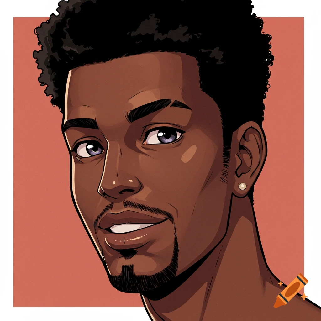 Anime style portrait of a young Black man looking at the viewer