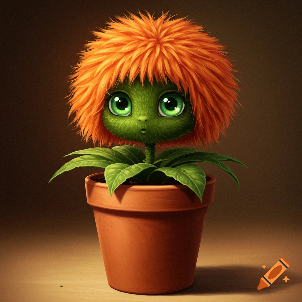 A cute creature resembling a potted plant with big green anime eyes and orange fuzzy hair.