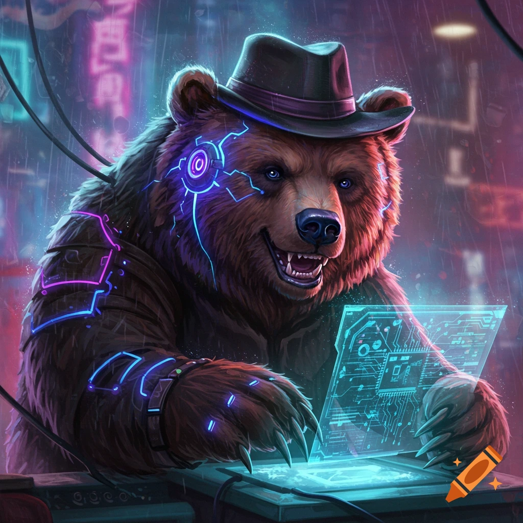 A bear wearing a fedora looks at a glowing screen with circuit patterns in a rainy cyberpunk city.