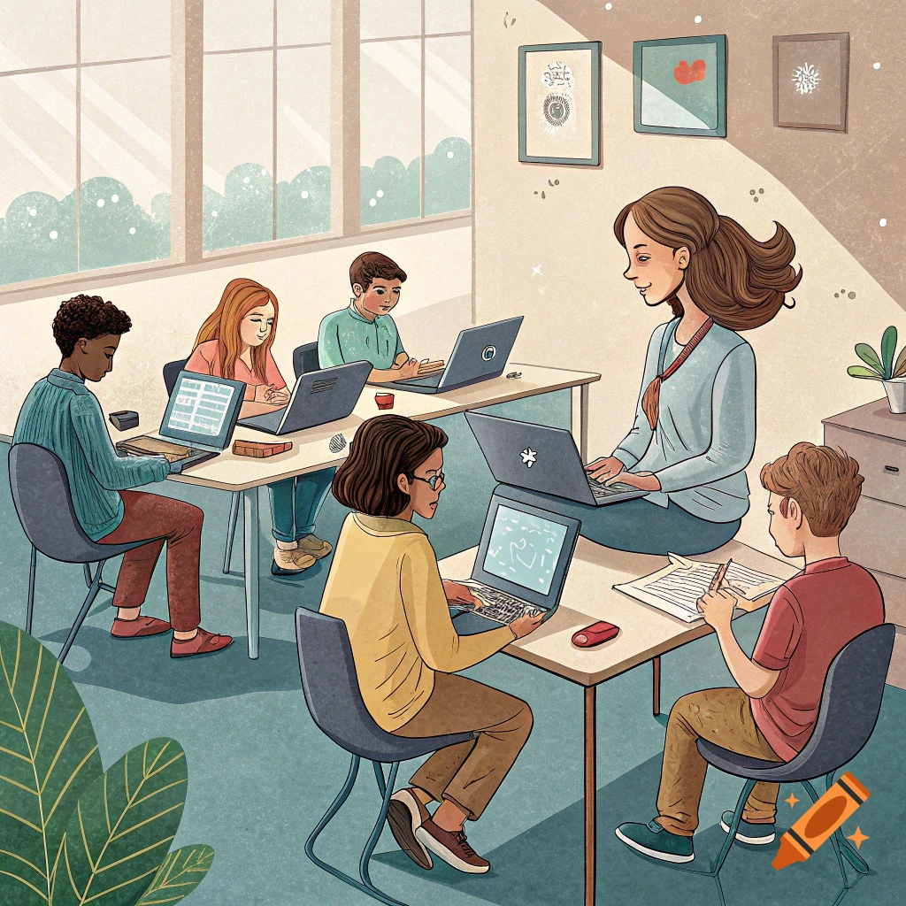 Illustration of students and a teacher working on laptops in a classroom.