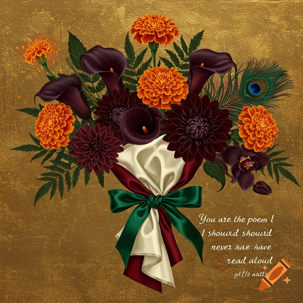 A bouquet with marigolds, dark calla lilies, dahlias, orchids, and a peacock feather, wrapped in ribbon on gold.