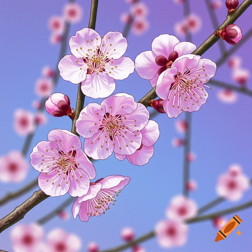 Pink flowers on a branch against a purple background.