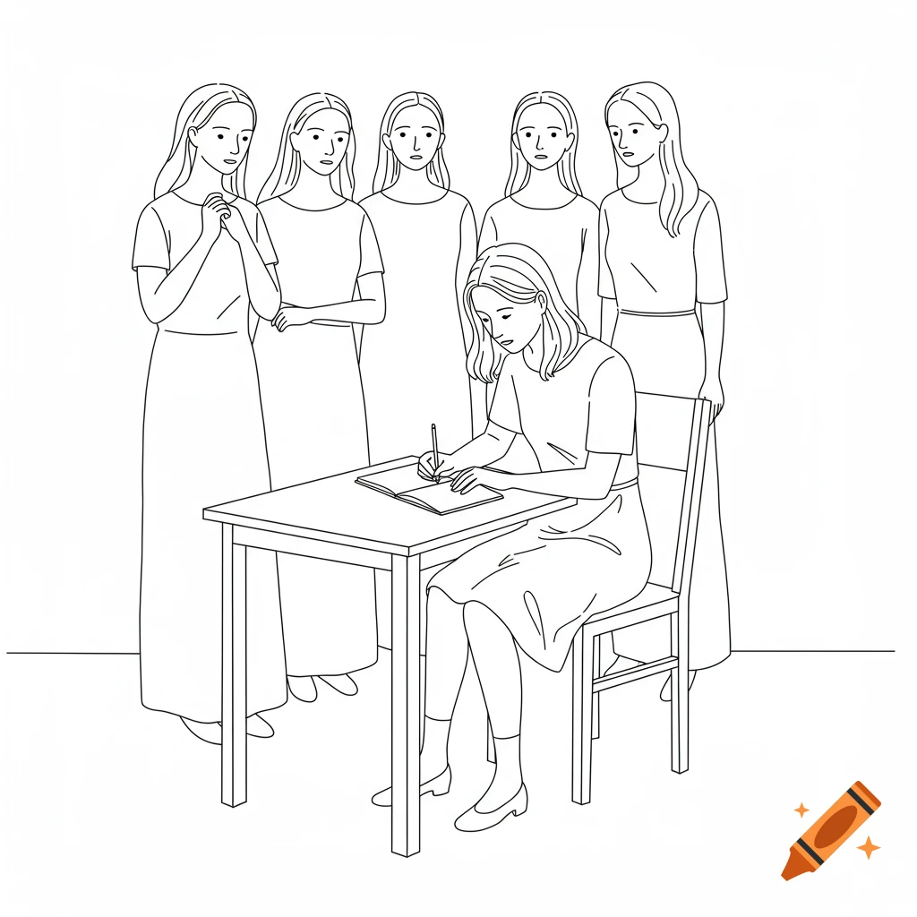 Black and white line drawing of a woman writing in a notebook at a table while five women watch her.