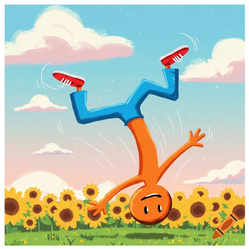 A cartoon figure doing a somersault in a field of sunflowers.