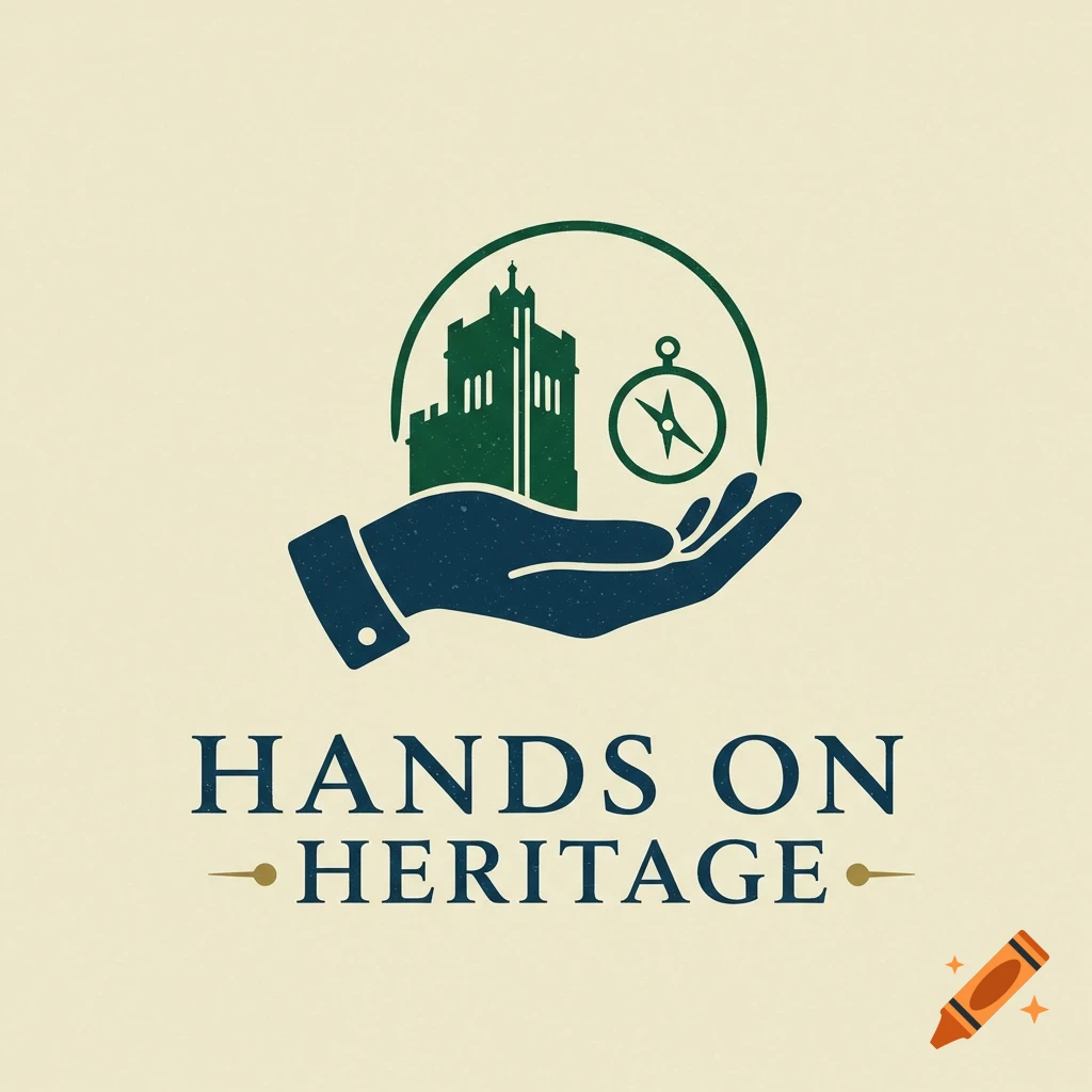 Logo showing a hand holding a building silhouette and a compass, with the text HANDS ON HERITAGE.