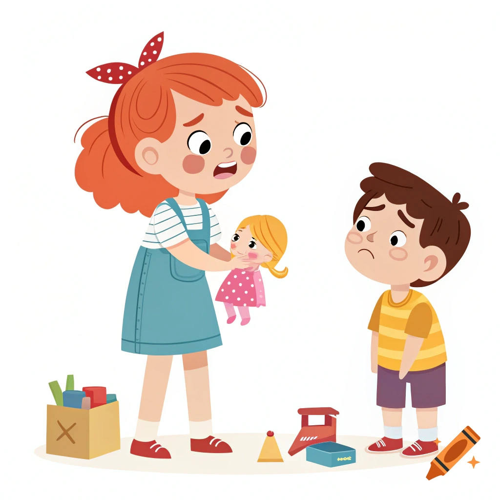 Vector graphic illustration of a girl with a doll looking upset at a boy.
