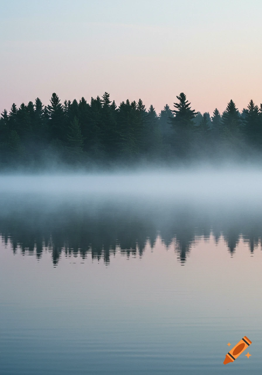 Misty lake reflecting a pine forest at dawn