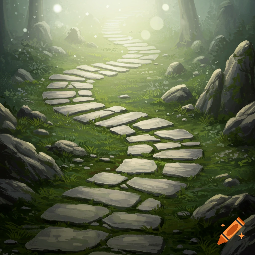 A winding stone path through a misty, sunlit forest clearing with glowing lights