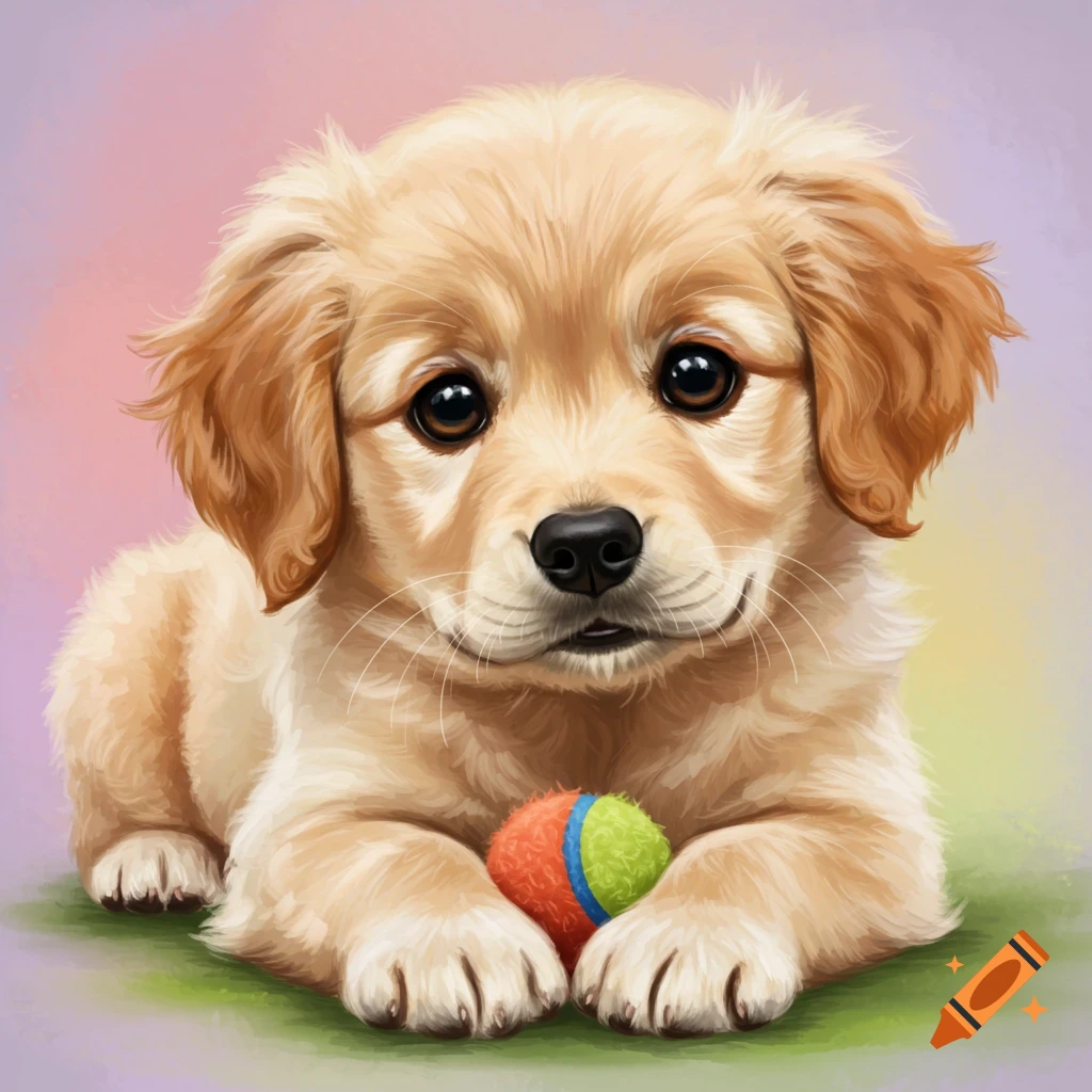A cute golden retriever puppy holding a ball.