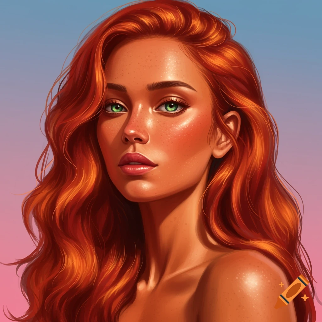 Portrait of a tan-skinned redhead with green eyes and freckles