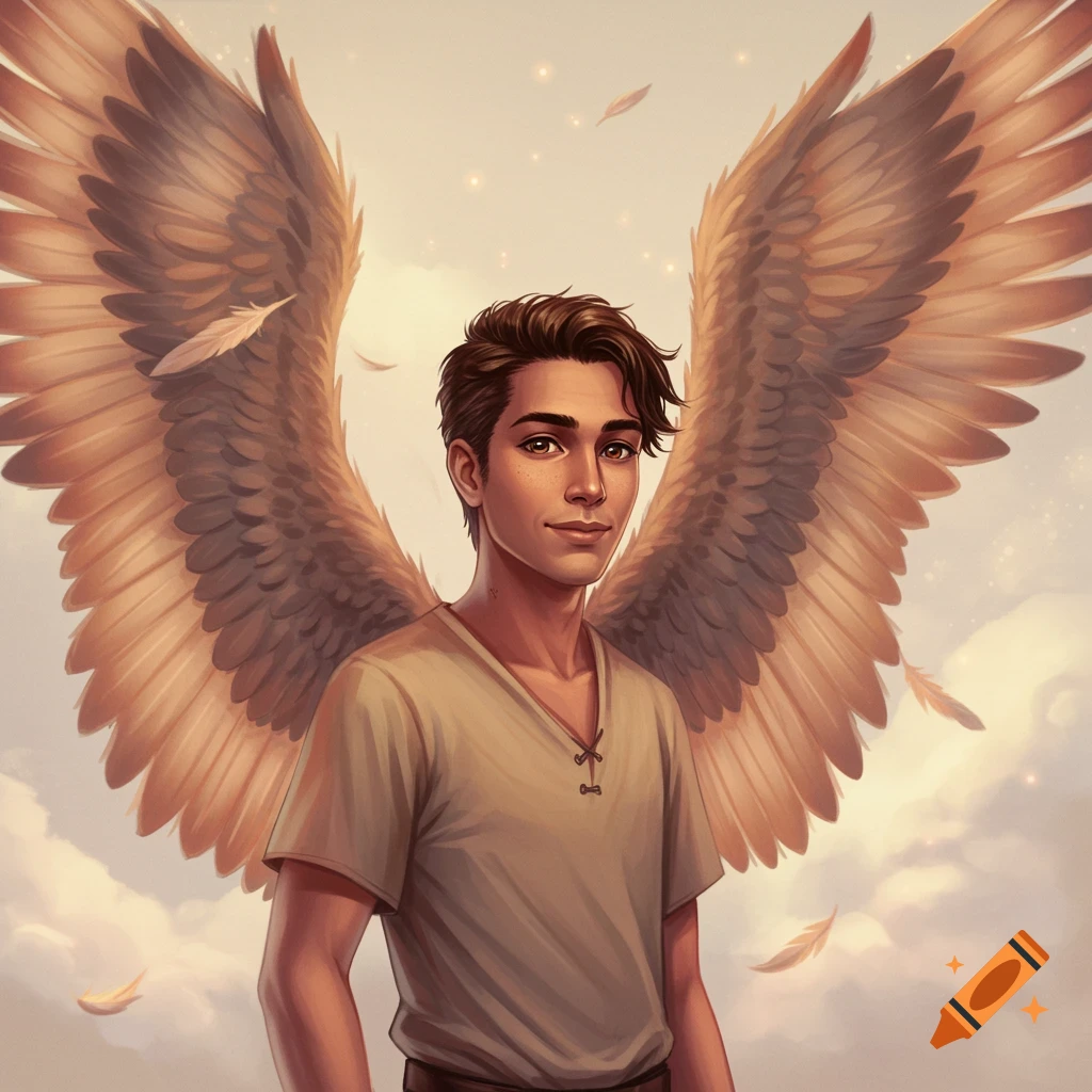 A young person with large feathered wings against a cloudy sky.