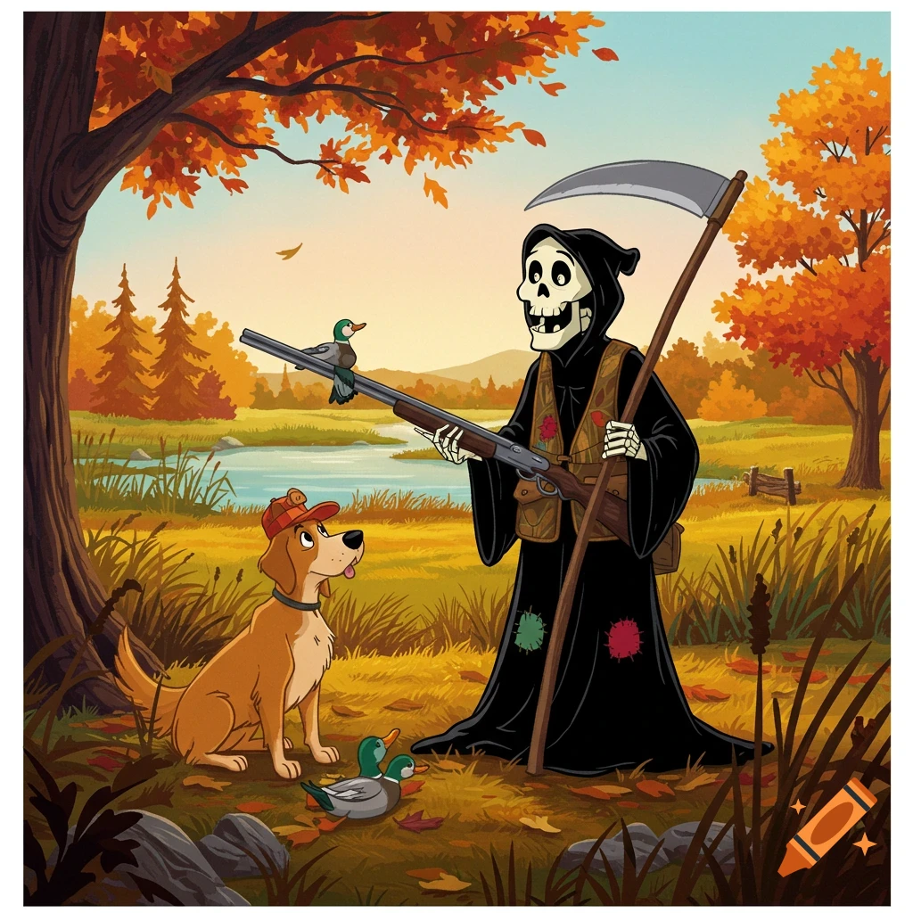 Cartoon grim reaper and dog hunting ducks in an autumn landscape, Disney style