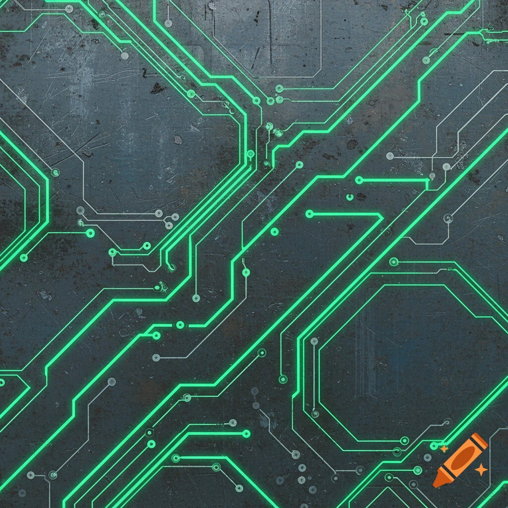 Close-up of a glowing green circuit board pattern on a dark, scratched metal surface.