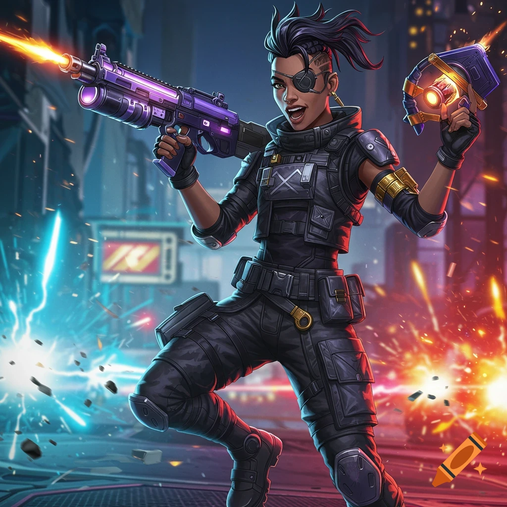 A woman in tactical gear holds a futuristic rifle and device in an action scene with energy effects.
