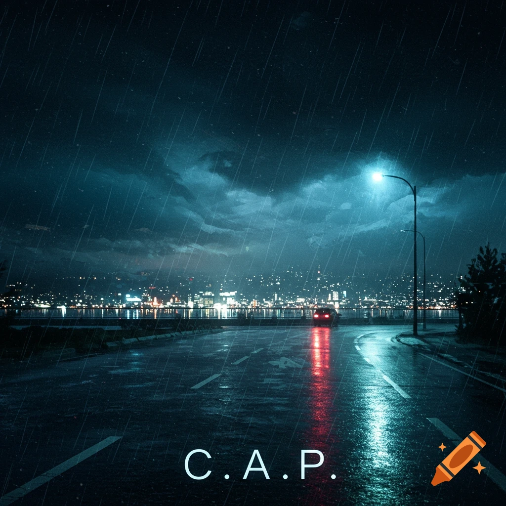 A rainy street at night with a car and city lights in the distance