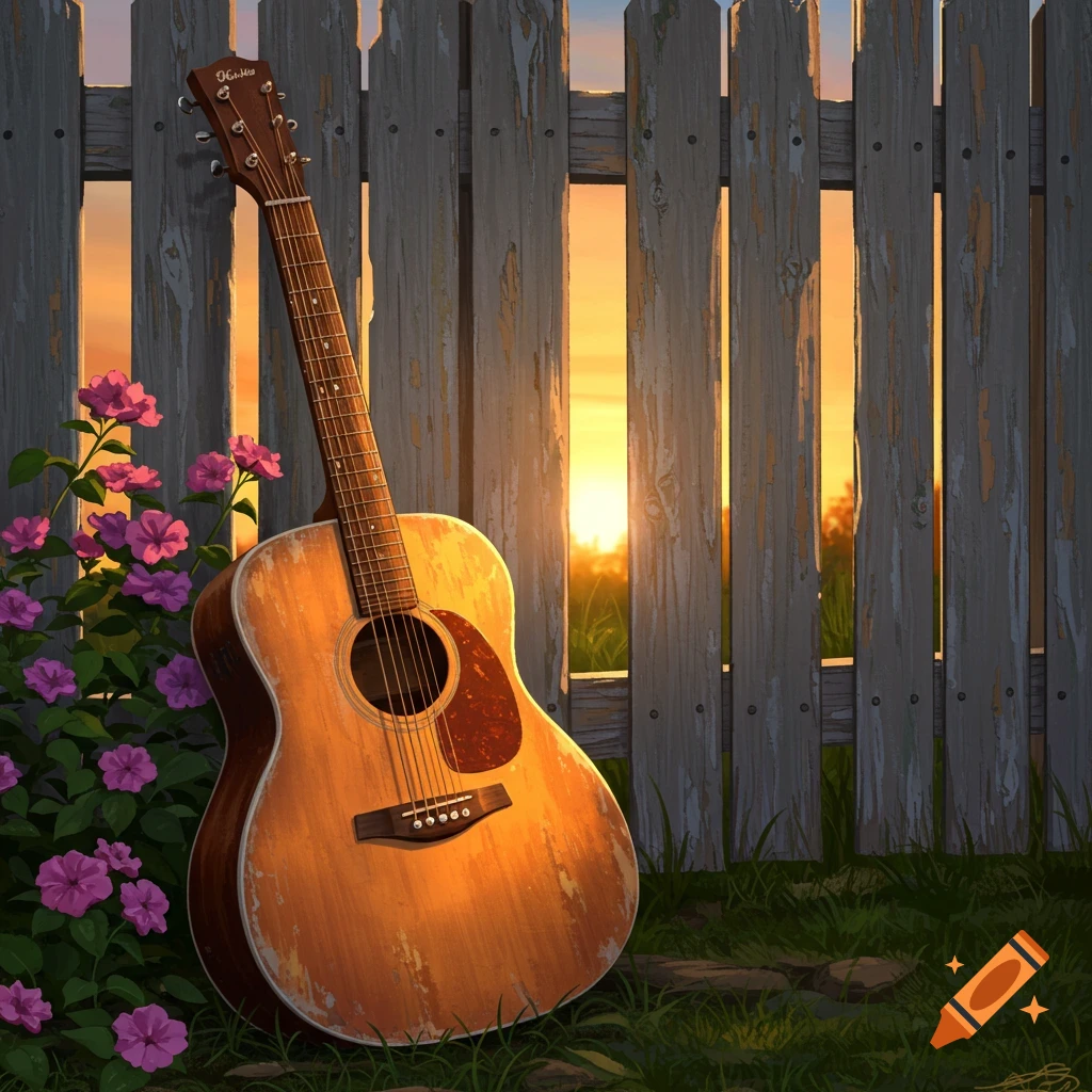 An acoustic guitar leans on a wooden fence with pink flowers at sunset.