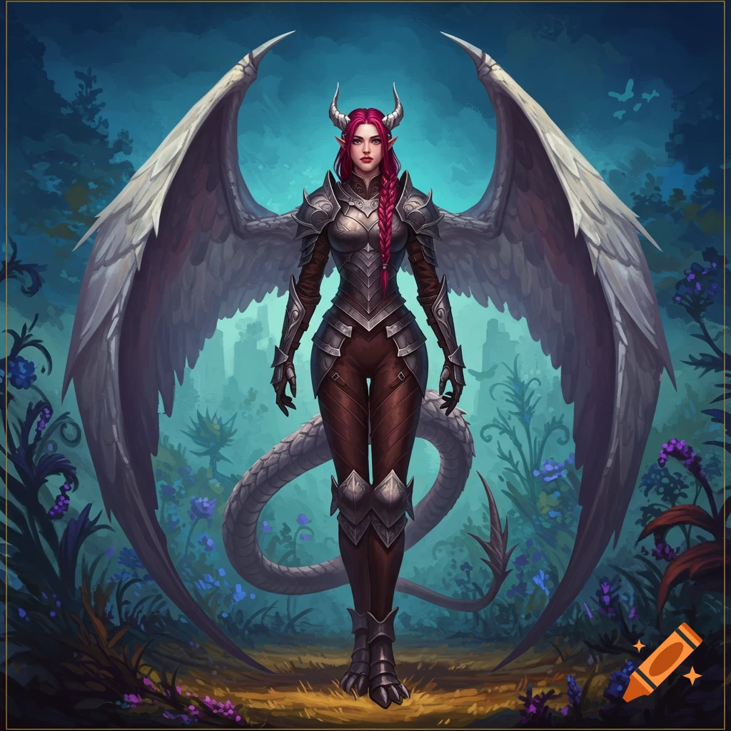 A fantasy woman with dragon wings, horns, armor, and pink hair in a magical landscape.