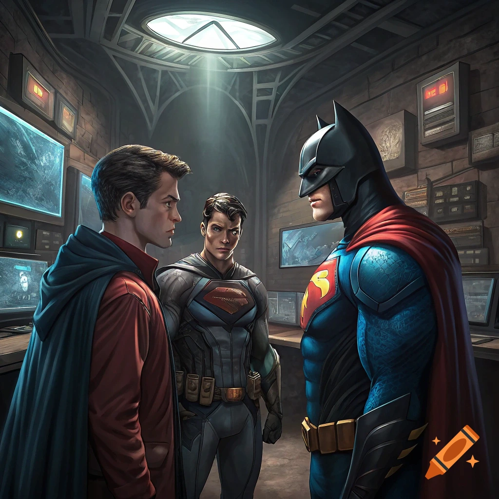 Illustration of Superman, Batman, and another hero talking in the Batcave.