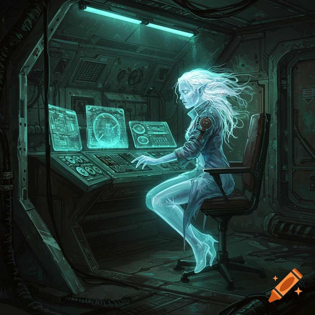 A glowing figure sits at a futuristic workstation in a sci-fi setting.