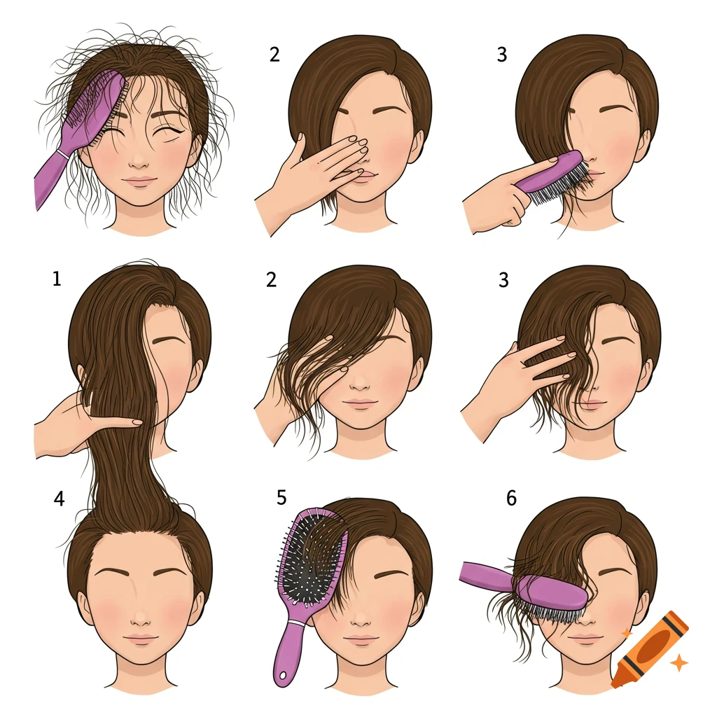 Step-by-step illustration guide showing a person brushing hair.
