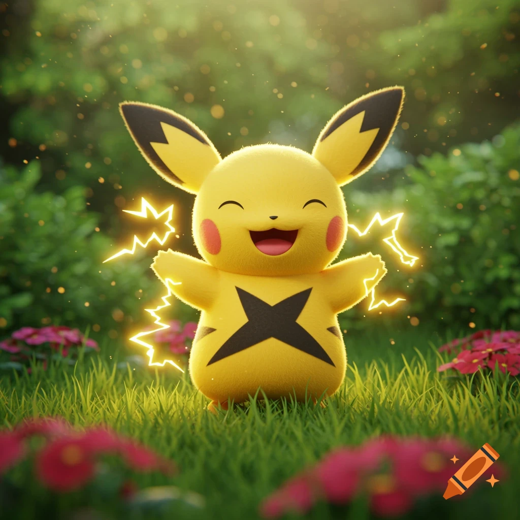 Cute illustration of Pikachu surrounded by crackling electric energy in a meadow.