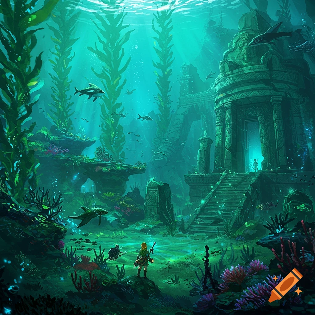 Link underwater in a kelp forest near ancient ruins with fish and a turtle.