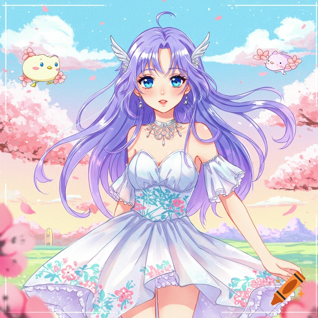 An anime girl with purple hair and wings in a white dress stands in a flowery field with flying creatures.