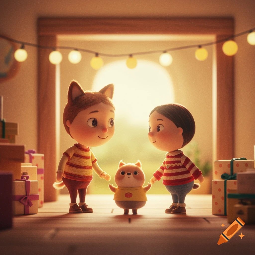 Two cartoon children and a small animal character hold hands in a room with presents and lights, Pixar-style.