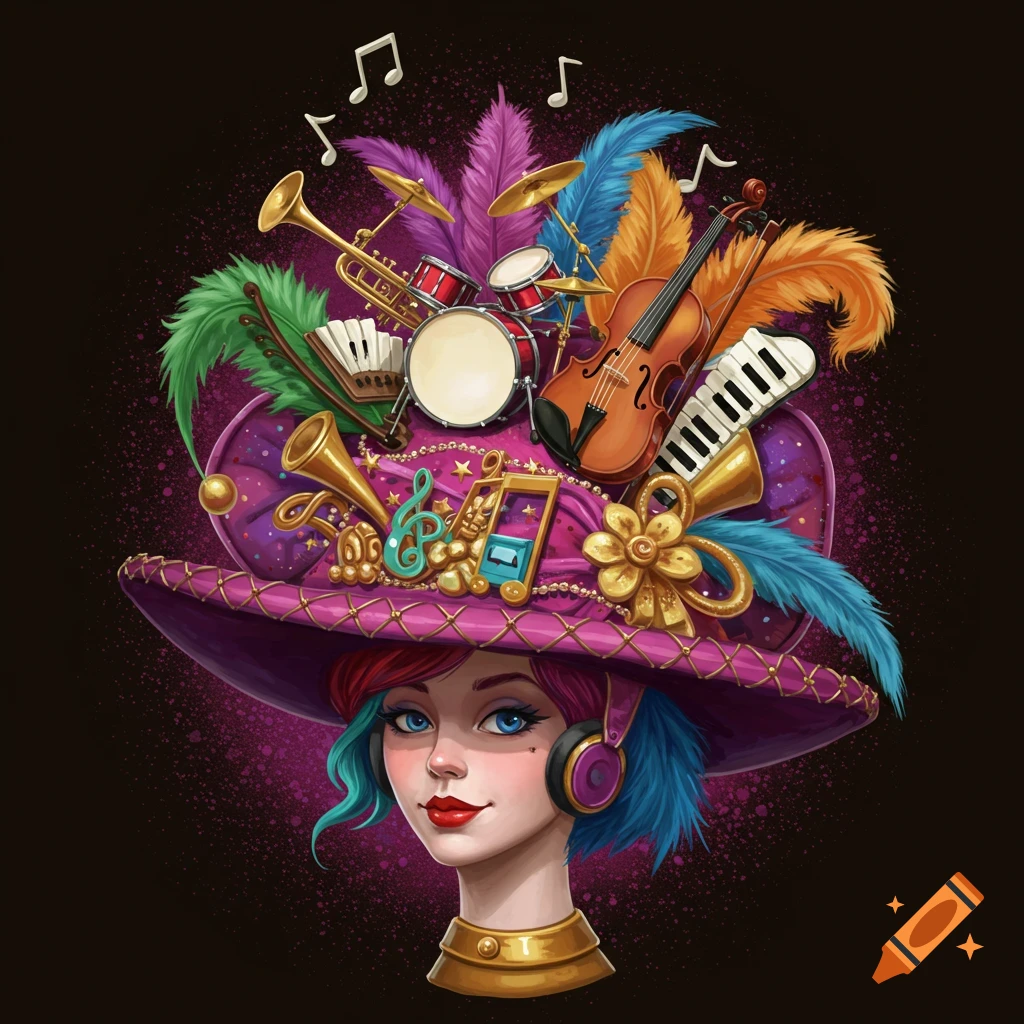 A woman wears a purple fantasy hat decorated with musical instruments, feathers, and musical notes.