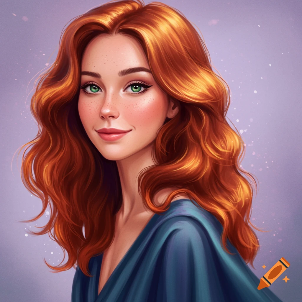 Woman with red hair, green eyes, and freckles wearing a blue garment.
