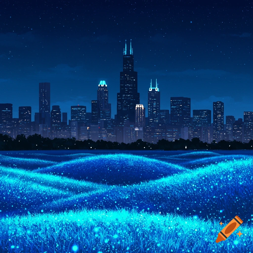The Chicago skyline at night with glowing blue grass in the foreground.
