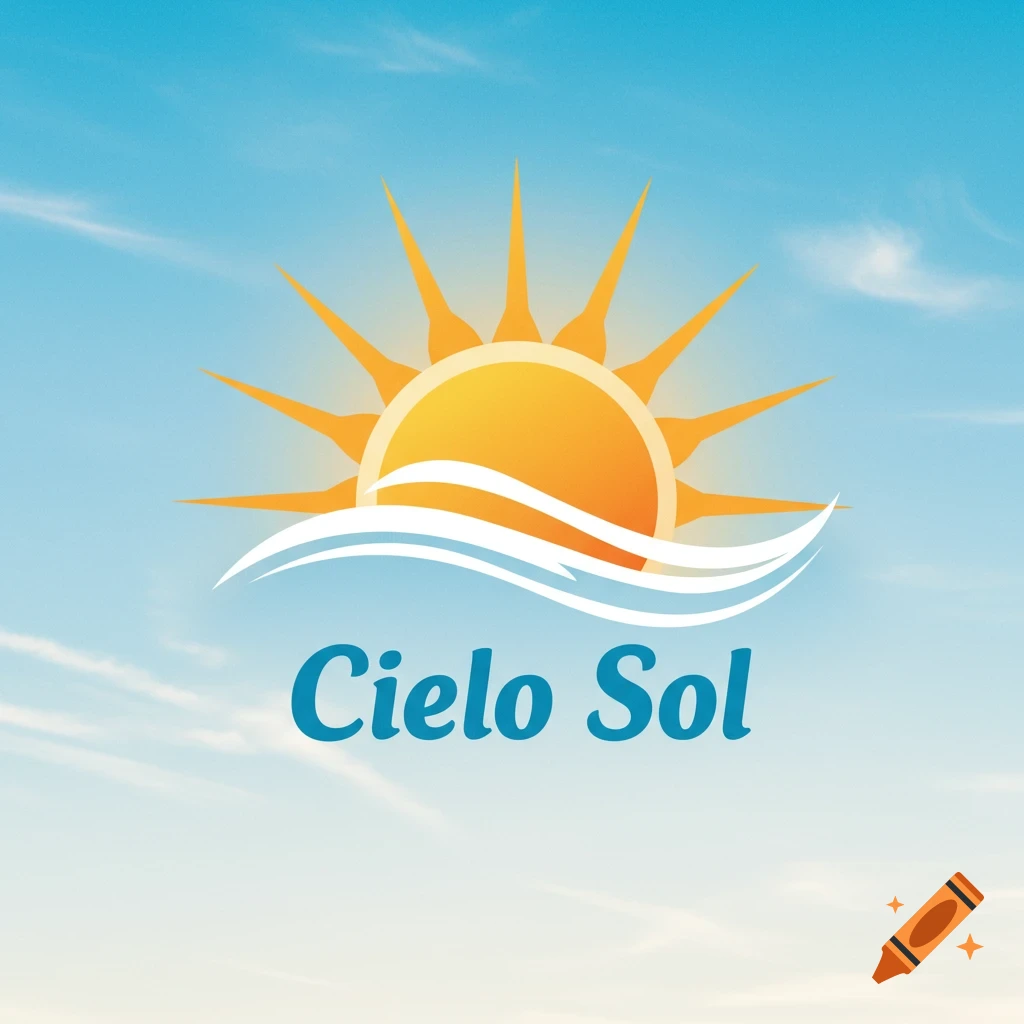 Stylized logo of an orange sun above white waves with blue text 'Cielo Sol' on a blue sky background.