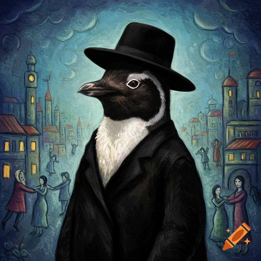 A penguin in a black coat and hat standing in front of a stylized city scene.