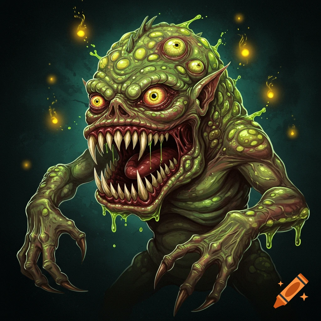 A green, slimy, multi-eyed monster illustration with sharp teeth.