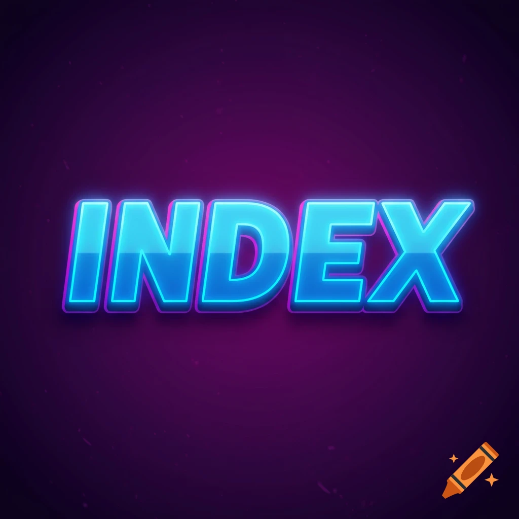 The word INDEX rendered in glowing neon blue text with a purple background.