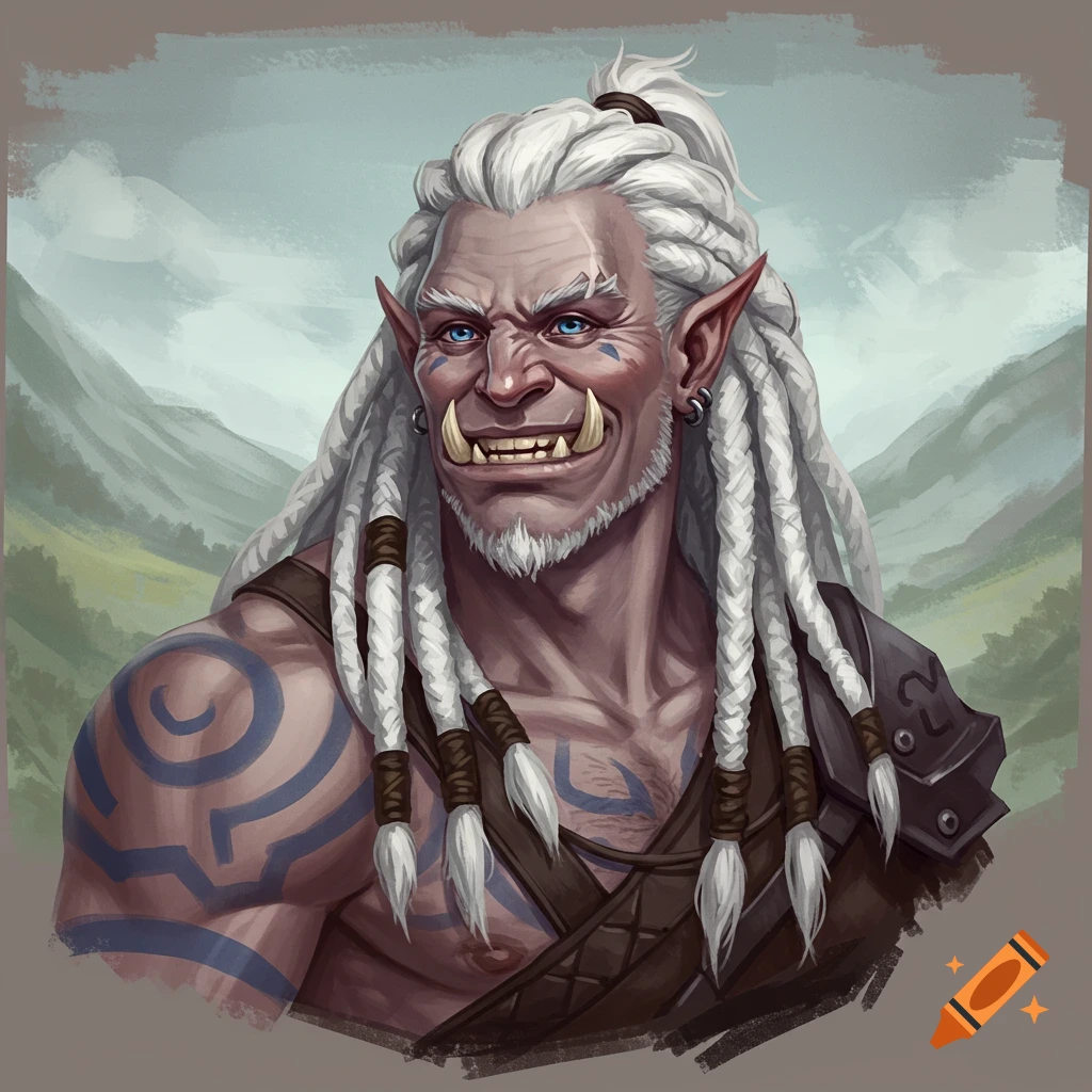 Portrait of an orc man with white dreadlocks, tusks, tribal tattoos, and a friendly smile, mountains in background.