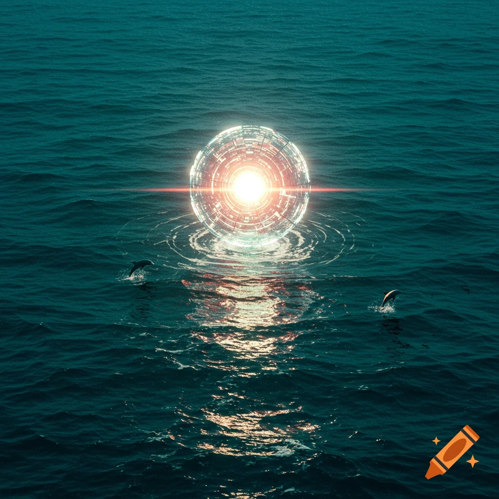 A glowing sci-fi orb in the ocean with dolphins.