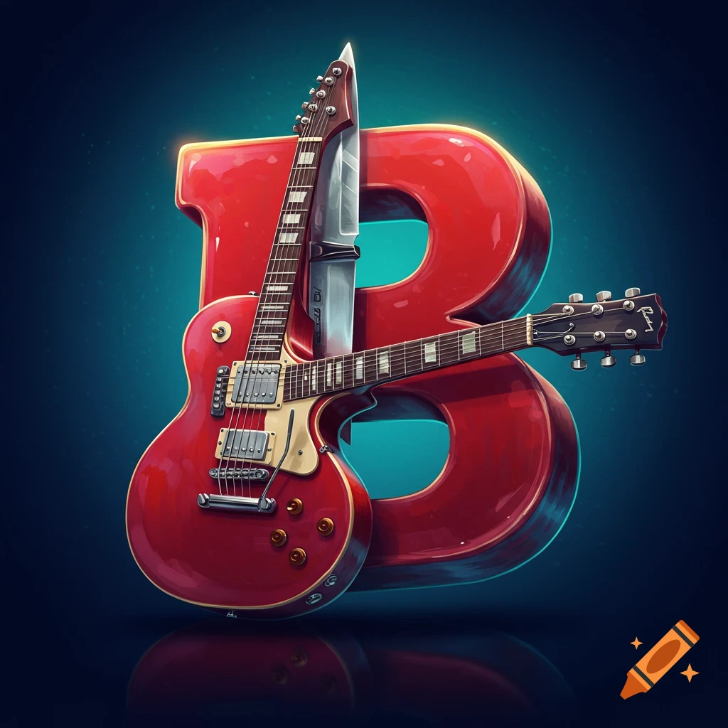 A red electric guitar and knife forming the shape of a red letter B.