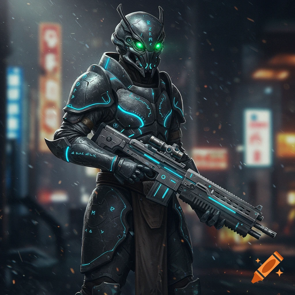 A futuristic alien soldier in deep slate armor with glowing green eyes holds a rifle in a city.