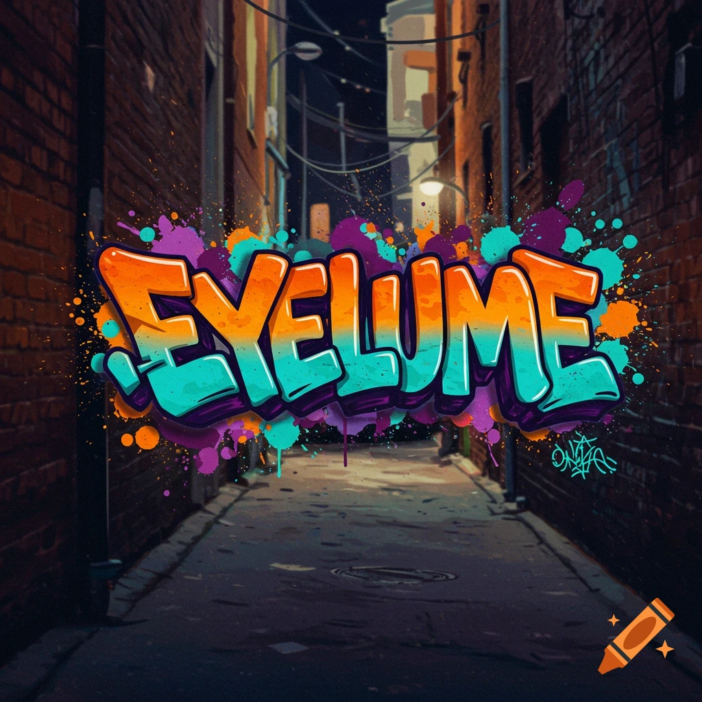 Colorful graffiti art of the word EYELUME in an urban alleyway.