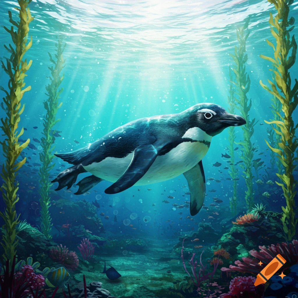 A penguin swims underwater in a vibrant kelp forest.